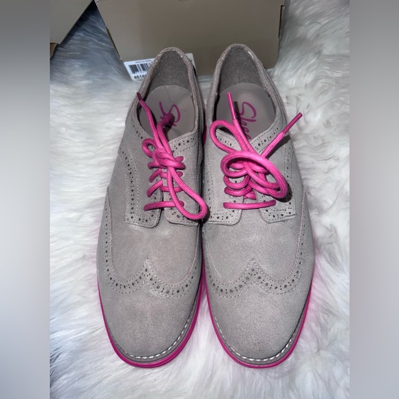 Skechers Women Groove Lite Taupe Pink Leather Suede Wing Tip Oxford Shoes Sz 10 - Picture 2 of 7